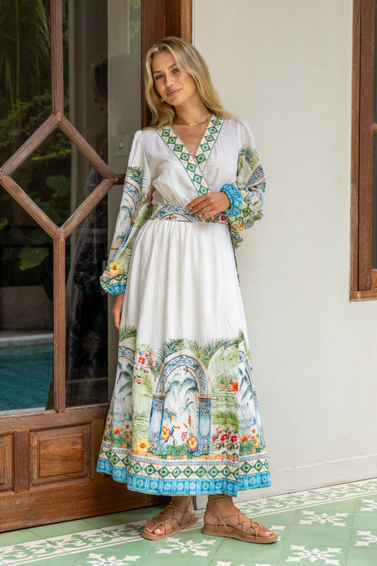 Image of Dresses. Productname: Heychic Ciela Green Tropical Long Sleeve Wrap Maxi Dress in Green colour by brand - Heychic