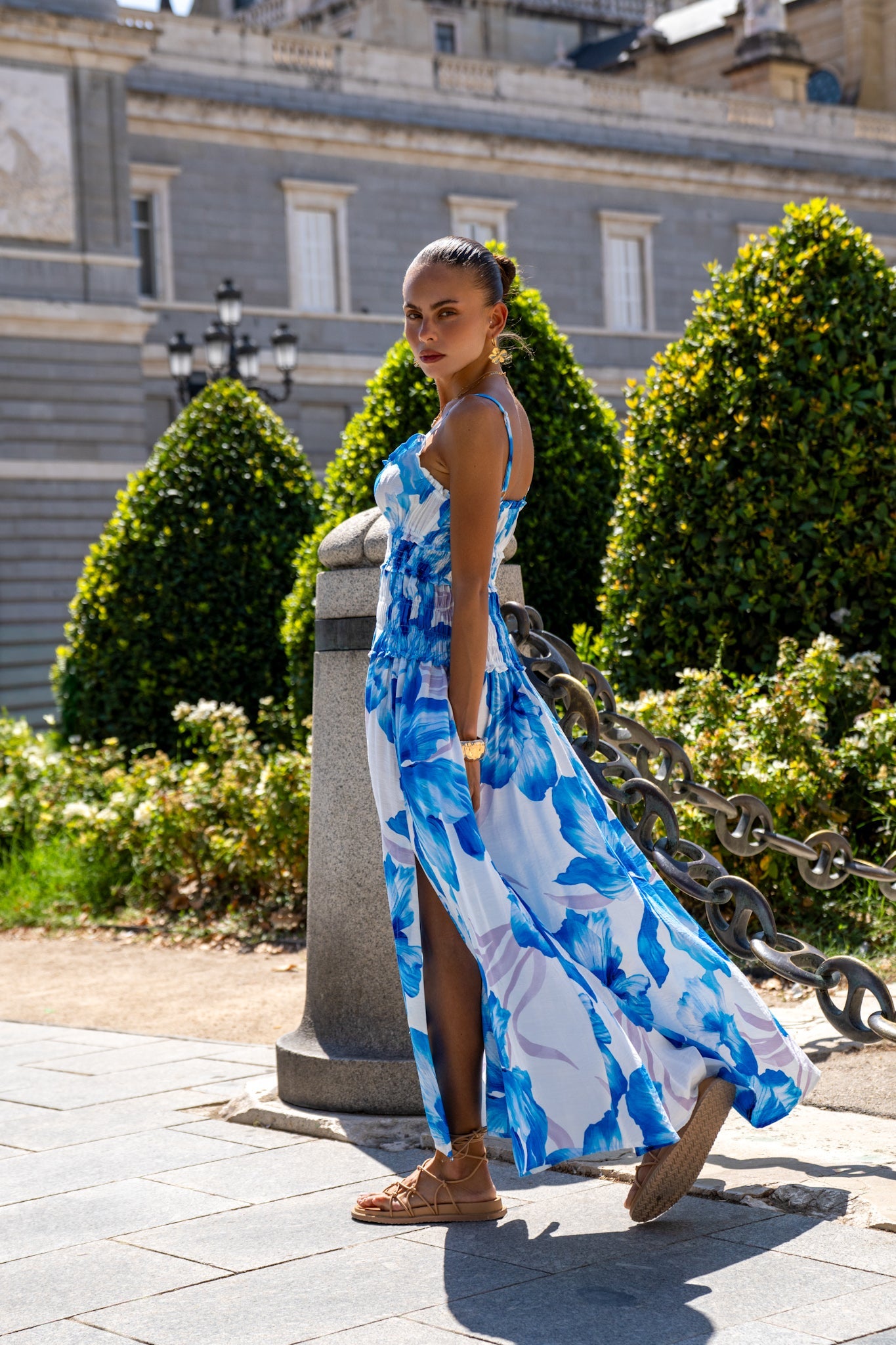 HEYCHIC Aiselle Floral Ruched Detail Maxi Dress (Blue)