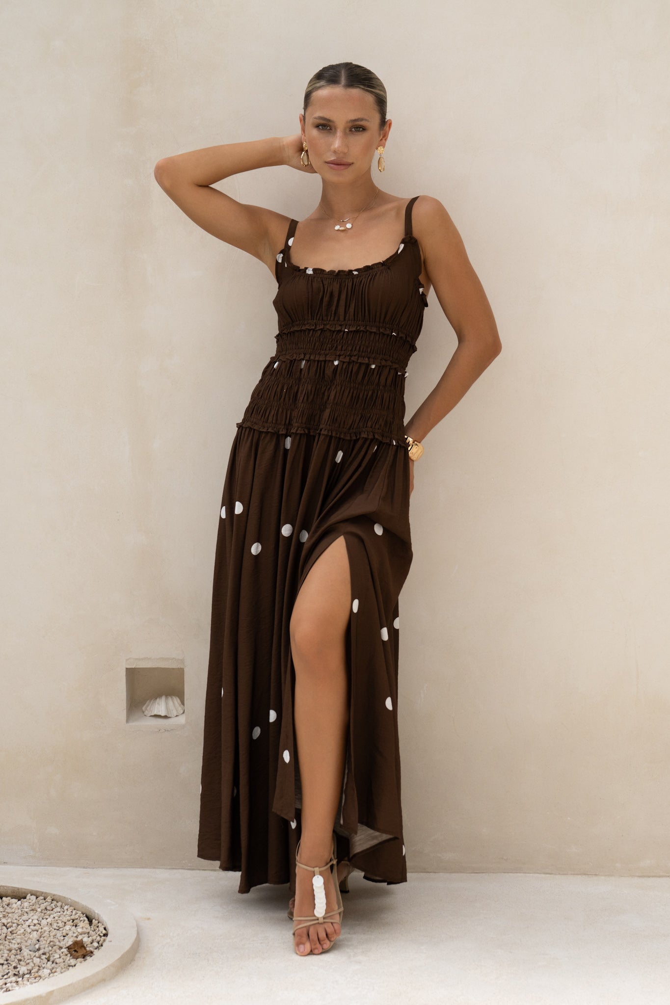 HEYCHIC Zeni Brown Polka Dot Ruched Detail Maxi Dress (White)