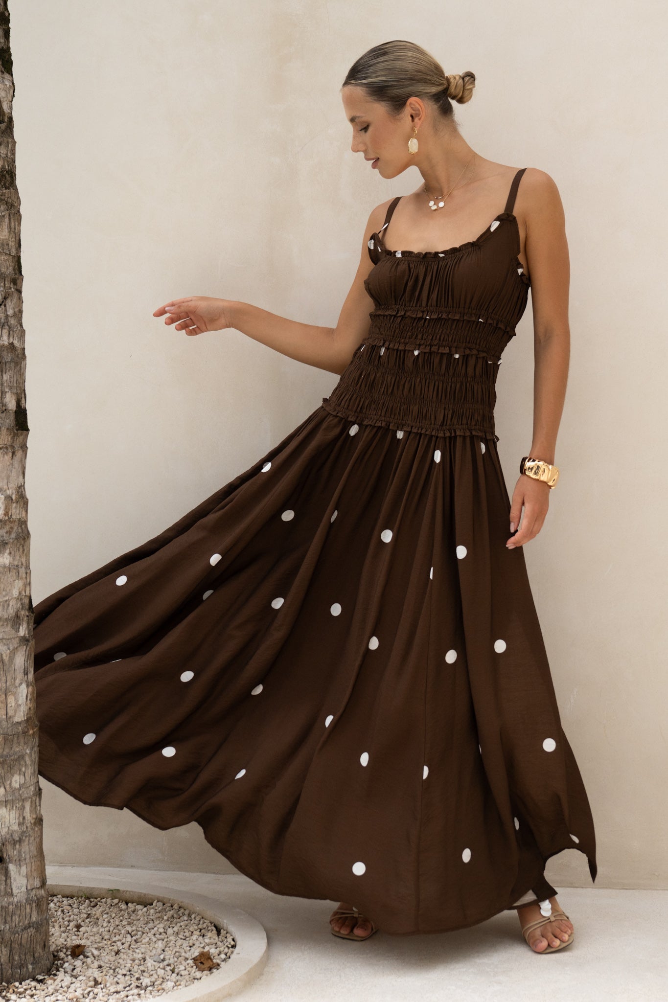 HEYCHIC Zeni Brown Polka Dot Ruched Detail Maxi Dress (White)