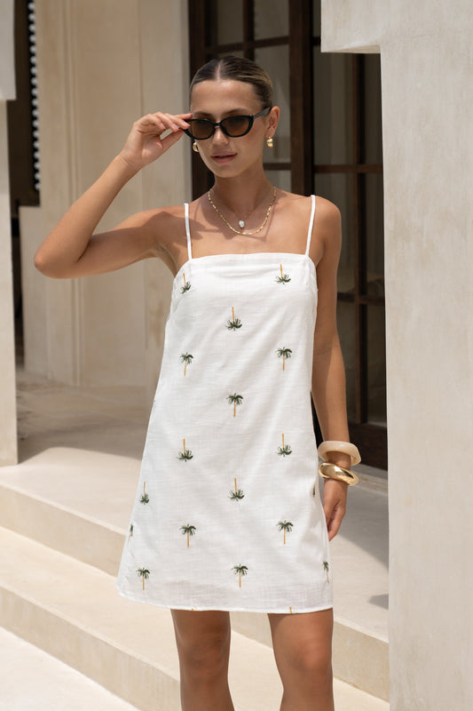 Image of Dresses. Productname: HEYCHIC Little Palms Embroidered Green Tropical Mini Dress in Green colour by brand - HEYCHIC