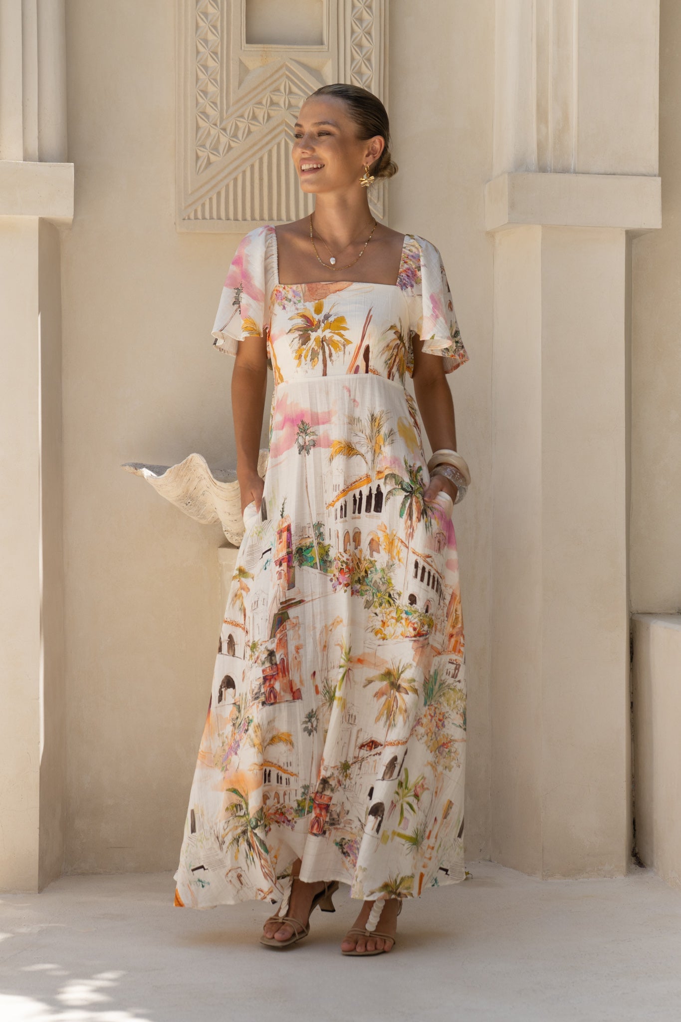 HEYCHIC Isola Multicolour Tropical Flared Sleeve Maxi Dress (Multi)