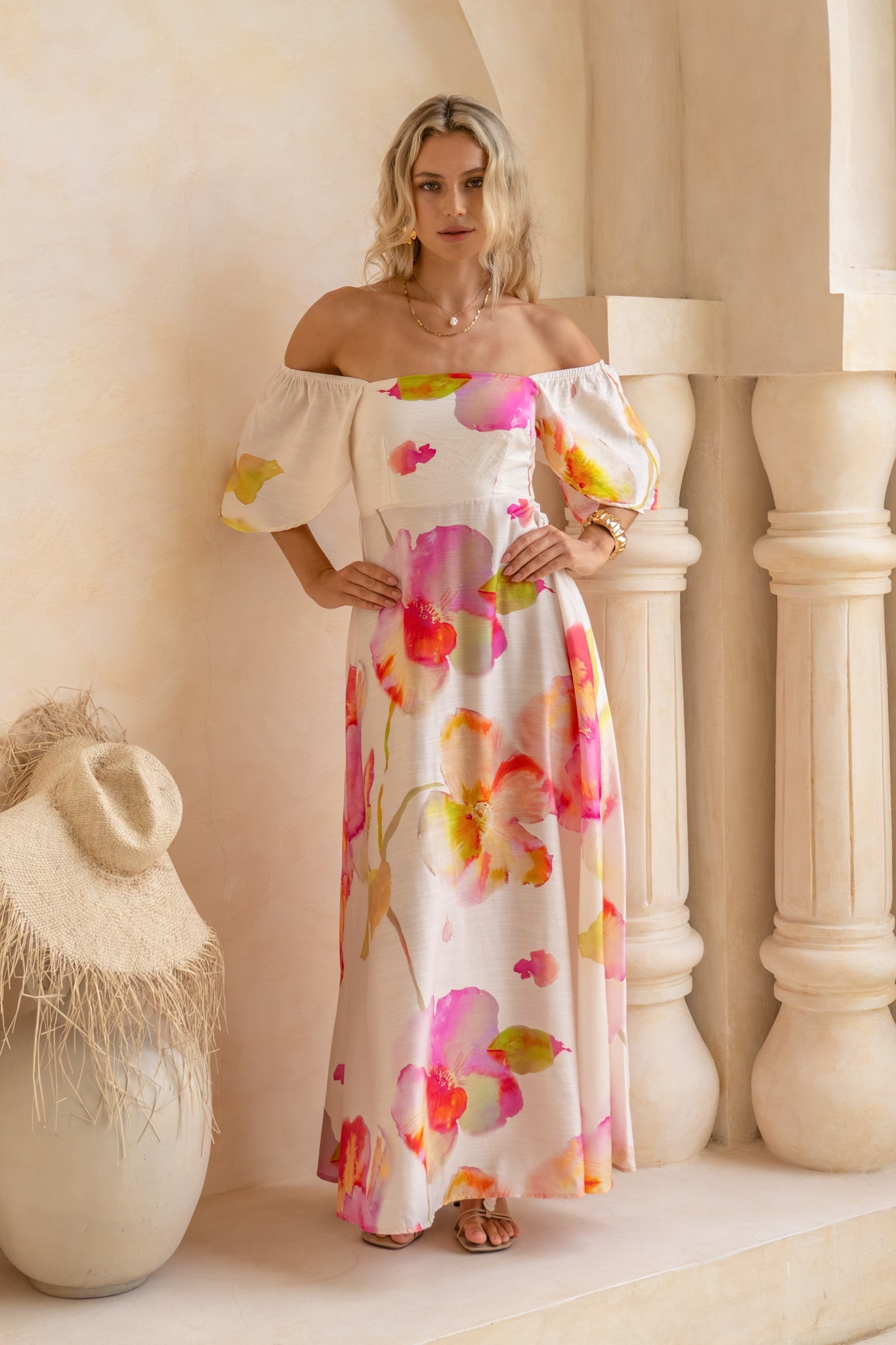 Image of Dresses. Productname: HEYCHIC Jacinta Pink Floral Flared Sleeve Maxi Dress in Pink colour by brand - HEYCHIC