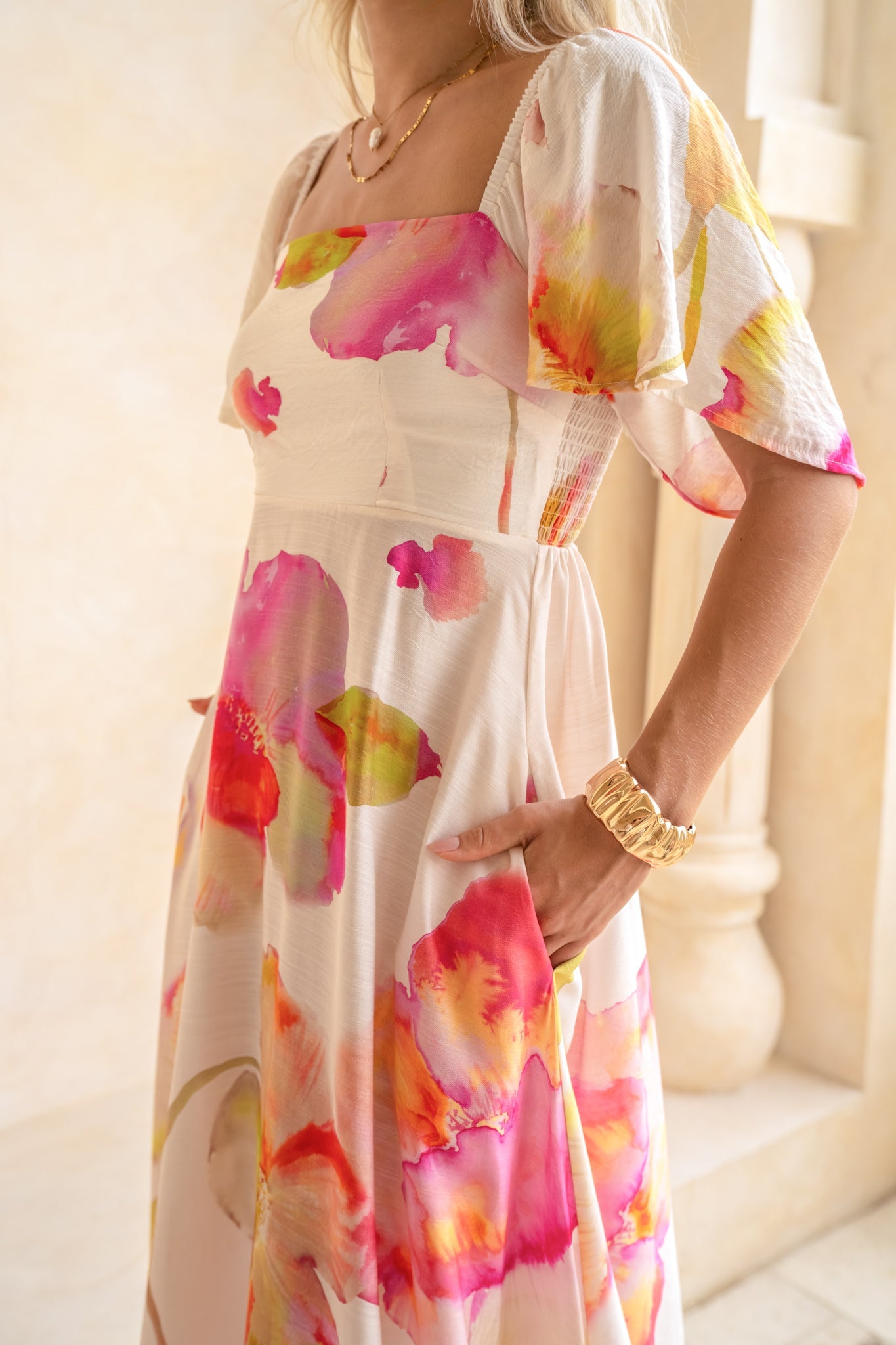 HEYCHIC Jacinta Floral Flared Sleeve Maxi Dress (Pink)