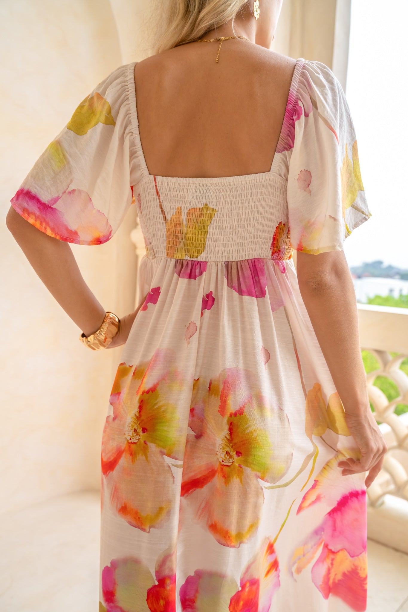HEYCHIC Jacinta Floral Flared Sleeve Maxi Dress (Pink)