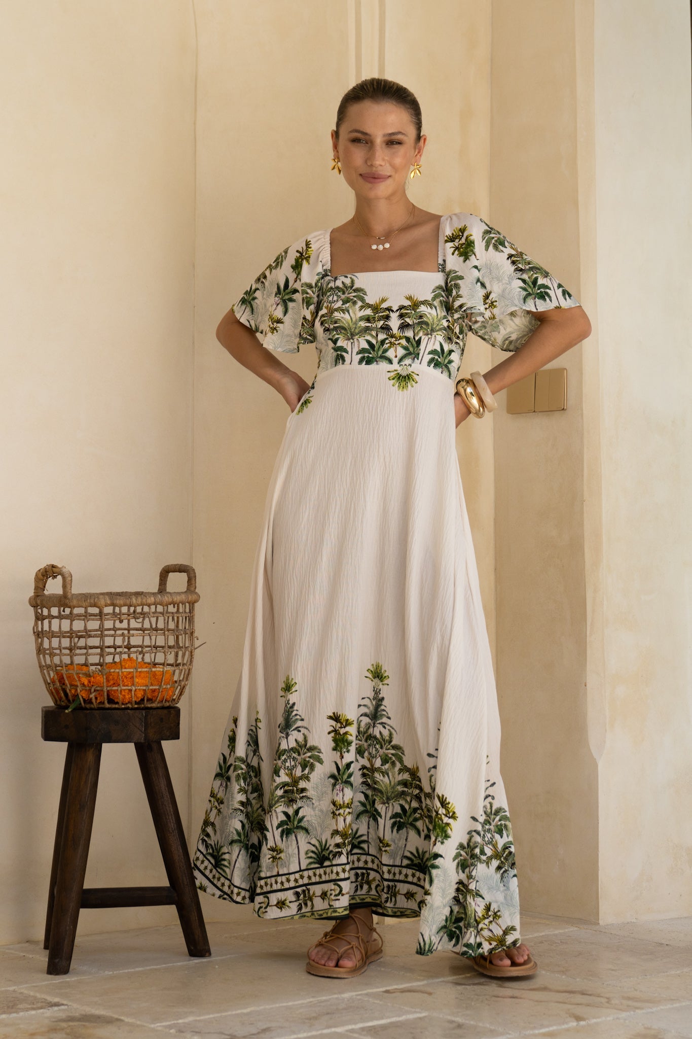 HEYCHIC Sabina Tropical Flared Sleeve Maxi Dress (Green)