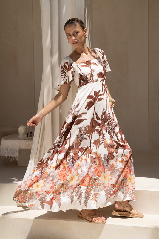 Image of Dresses. Productname: HEYCHIC Kailah Brown Tropical Flared Sleeve Maxi Dress in Brown colour by brand - HEYCHIC