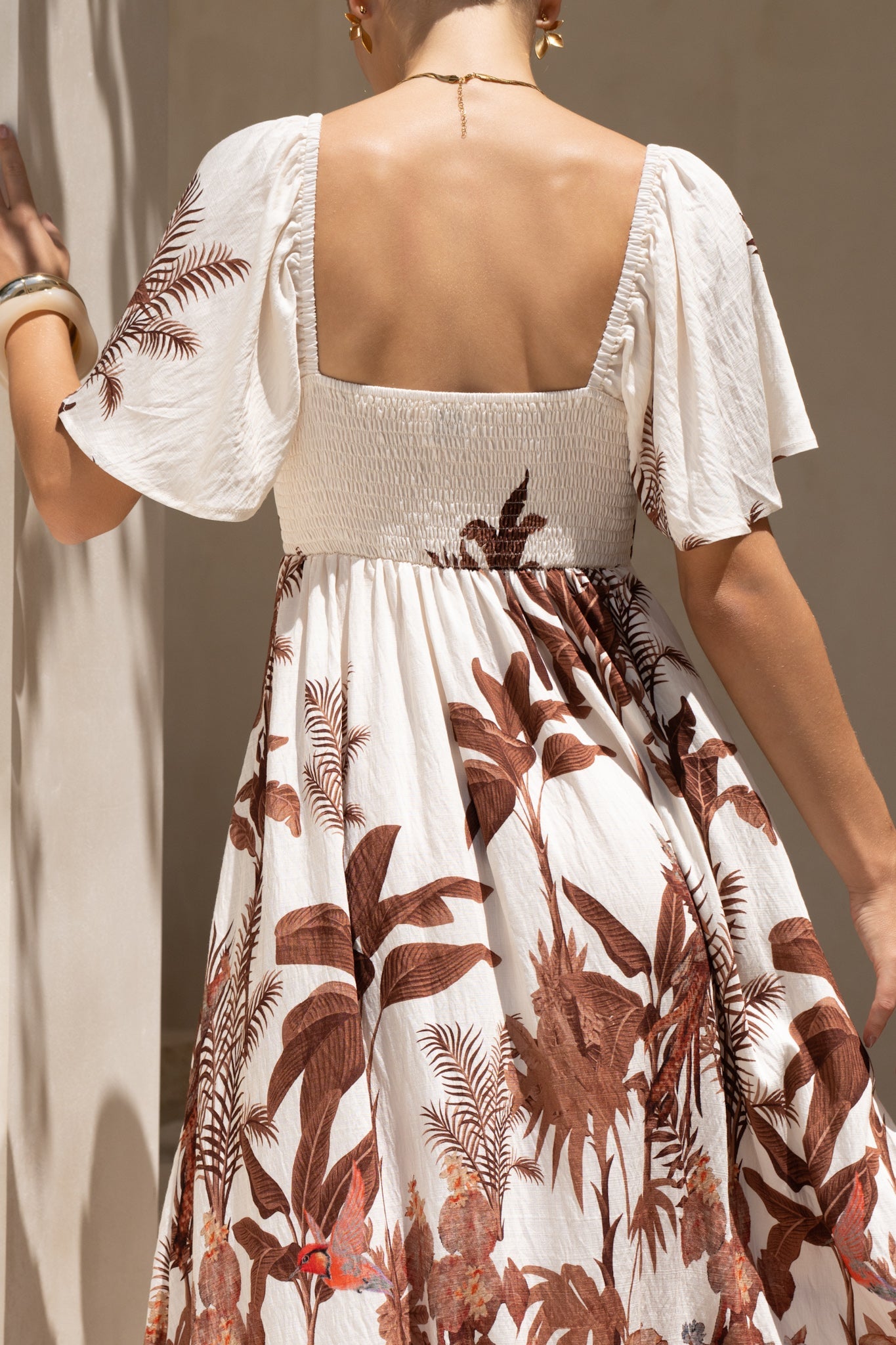 HEYCHIC Kailah Tropical Flared Sleeve Maxi Dress (Brown)