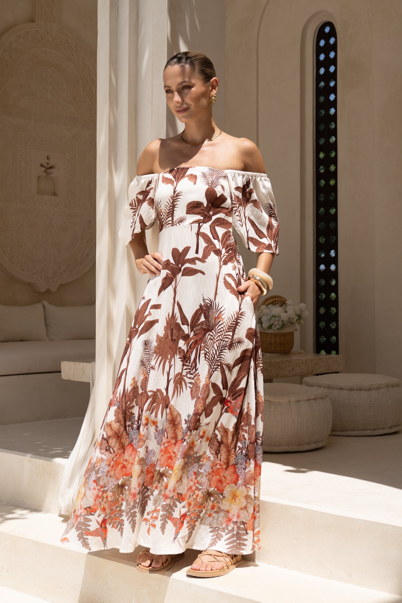 HEYCHIC Kailah Tropical Flared Sleeve Maxi Dress (Brown)