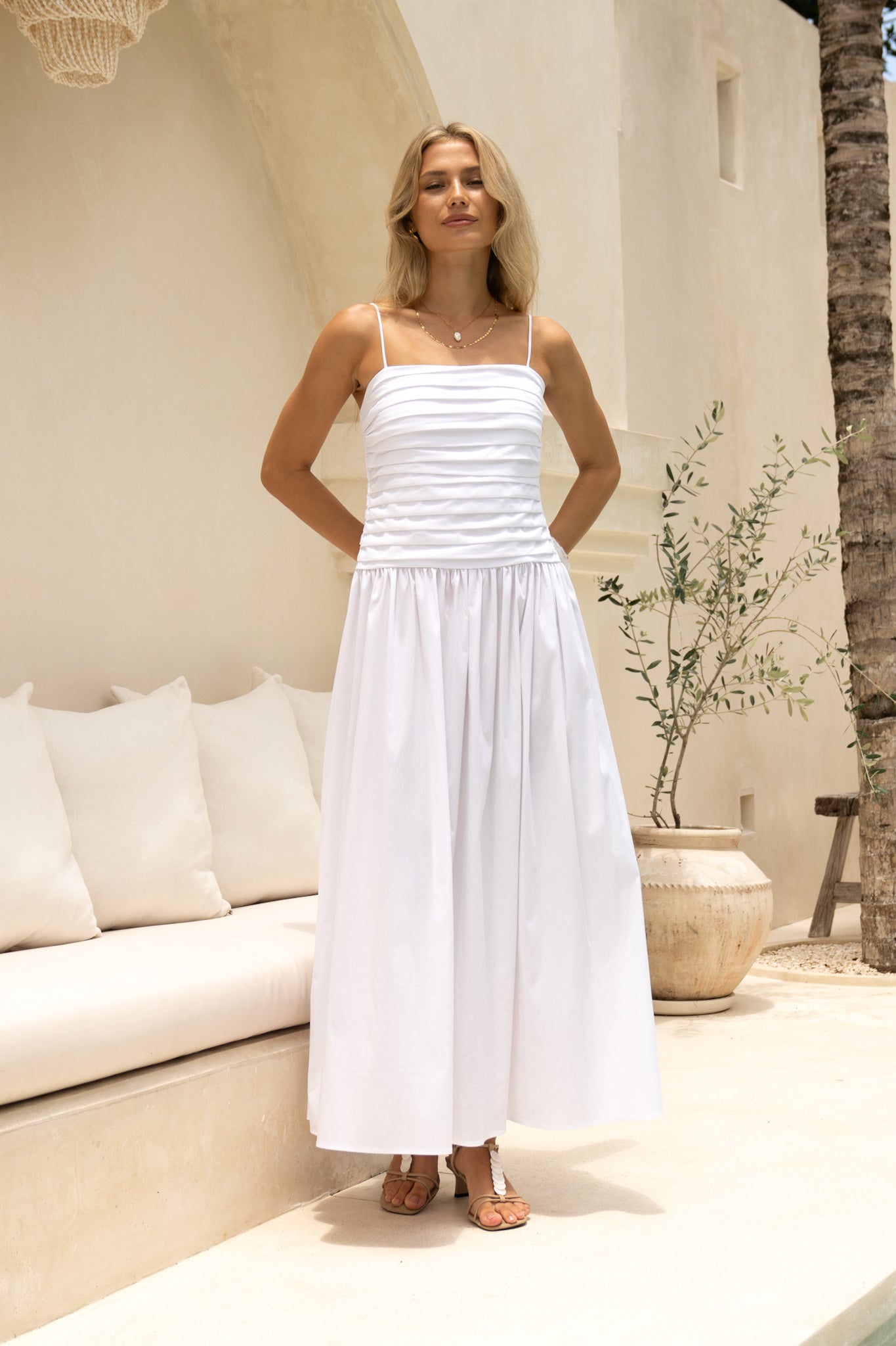 HEYCHIC Scarlett Pleated Detail Maxi Dress (White)