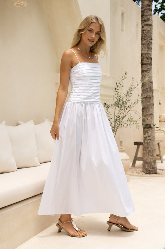Image of Dresses. Productname: HEYCHIC Scarlett White Pleated Detail Maxi Dress in White colour by brand - HEYCHIC