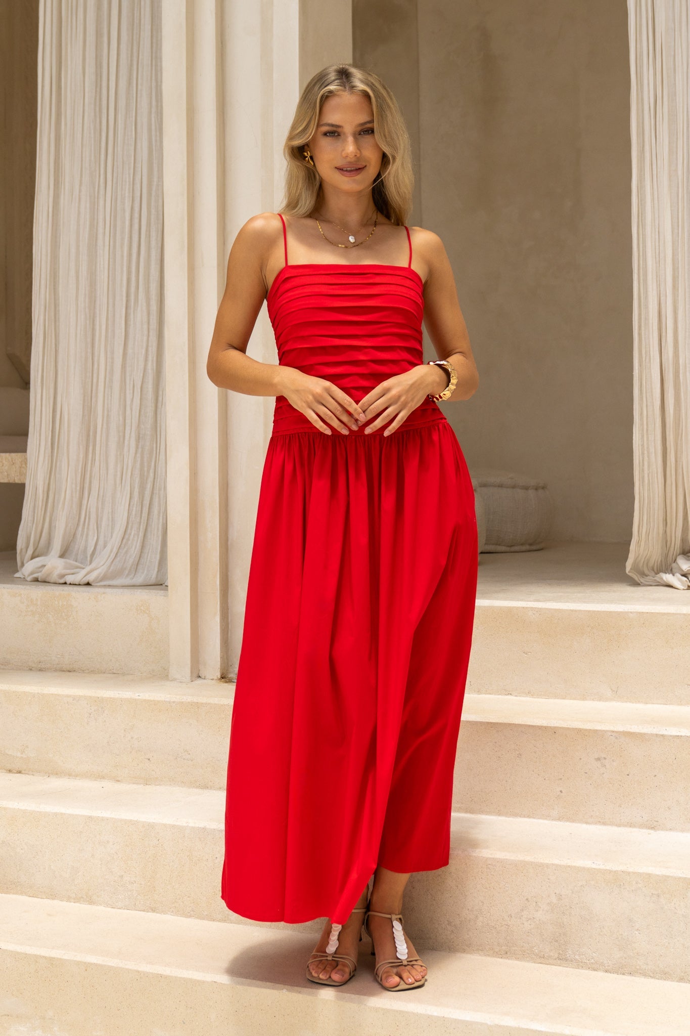 HEYCHIC Scarlett Pleated Detail Maxi Dress (Red)