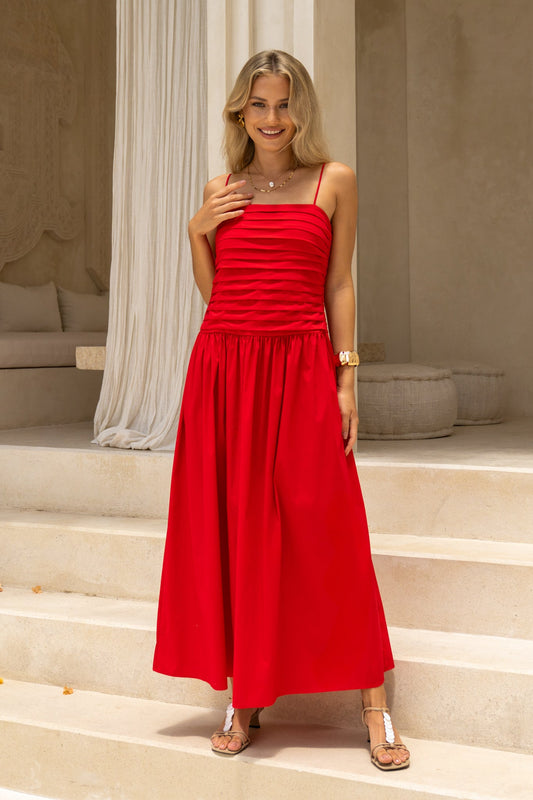 Image of Dresses. Productname: HEYCHIC Scarlett Red Pleated Detail Maxi Dress in Red colour by brand - HEYCHIC