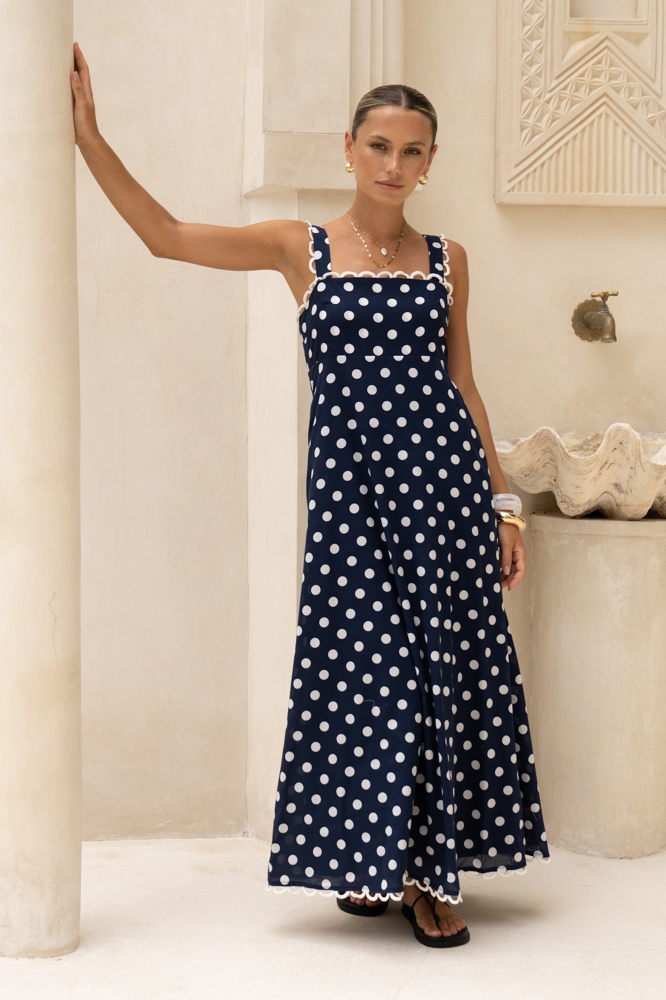 HEYCHIC Cindy Navy White Polka Dot Maxi Dress (Blue)