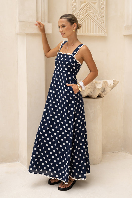 Image of Dresses. Productname: HEYCHIC Cindy Navy Blue White Polka Dot Maxi Dress in Blue colour by brand - HEYCHIC