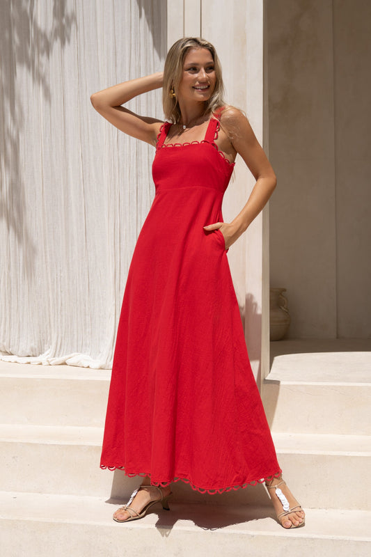 Image of Dresses. Productname: HEYCHIC Mirae Red Scallop Trim Maxi Dress in Red colour by brand - HEYCHIC