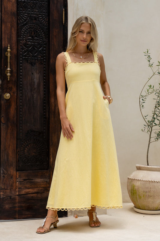 Image of Dresses. Productname: HEYCHIC Mirae Yellow Scallop Trim Maxi Dress in Yellow colour by brand - HEYCHIC