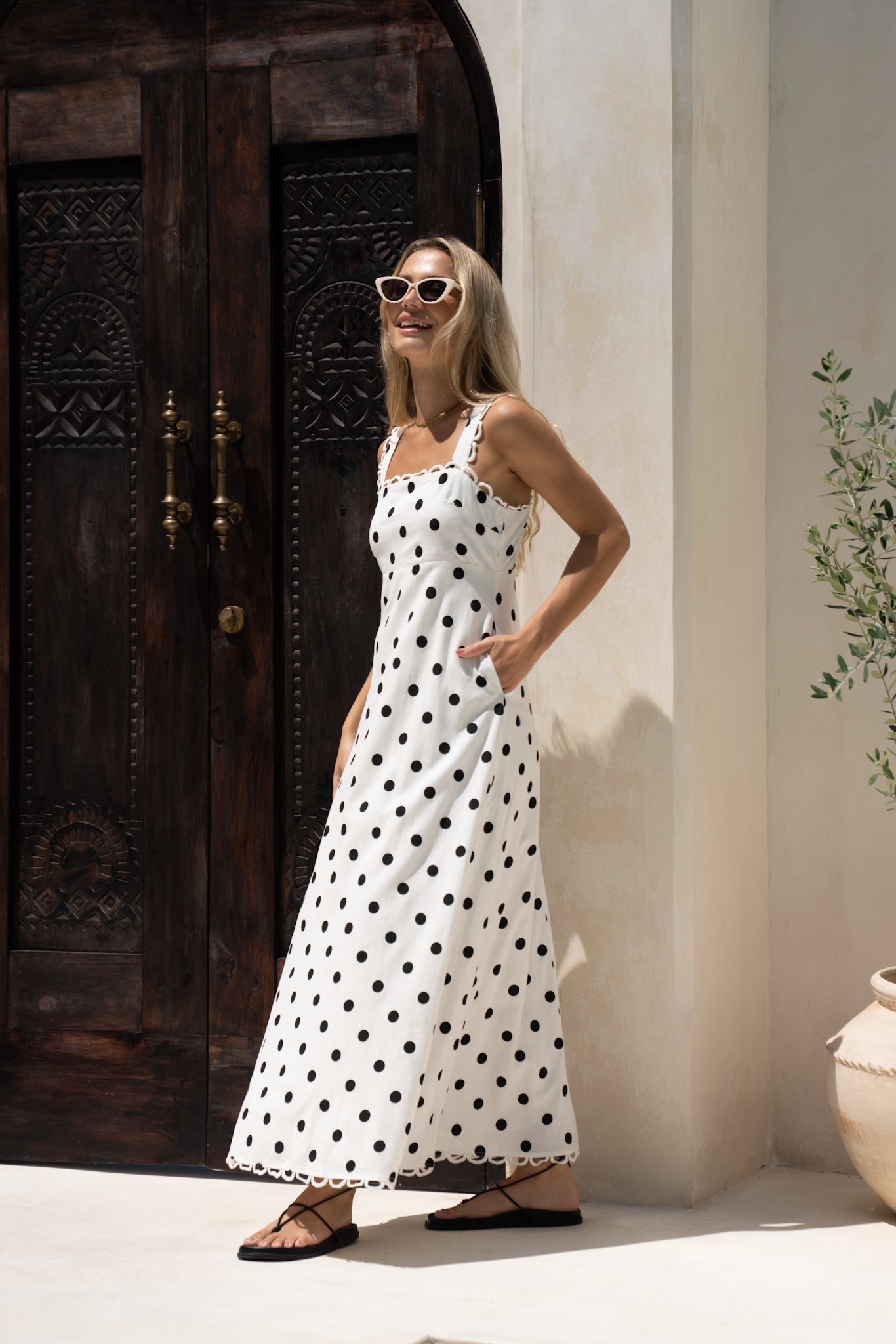 Image of Dresses. Productname: HEYCHIC Noella White Black Polka Dot Maxi Dress in Black colour by brand - HEYCHIC