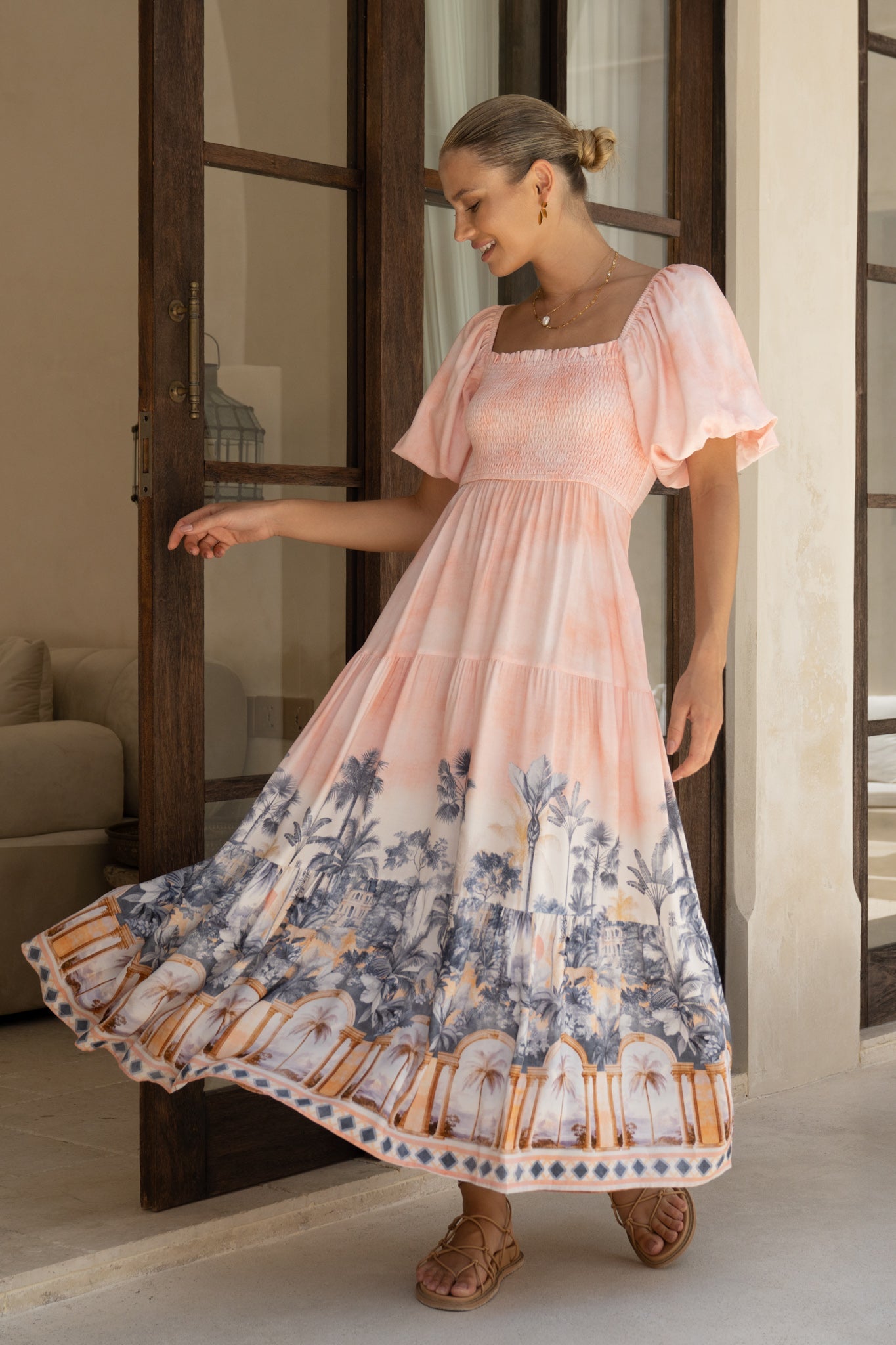 HEYCHIC Marzella Tropical Puff Sleeve Maxi Dress (Pink)
