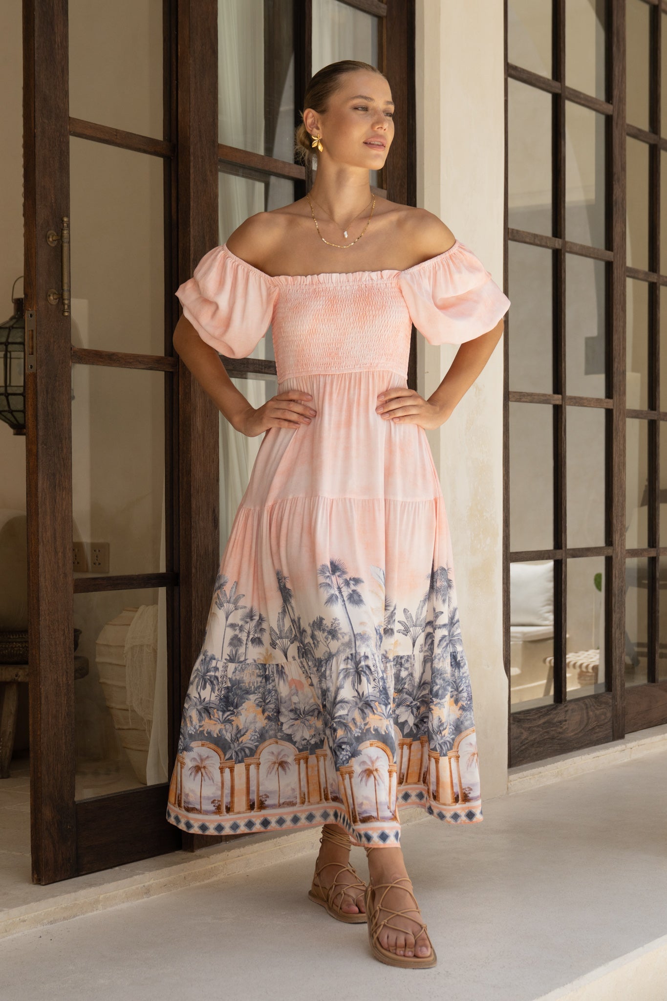 HEYCHIC Marzella Tropical Puff Sleeve Maxi Dress (Pink)