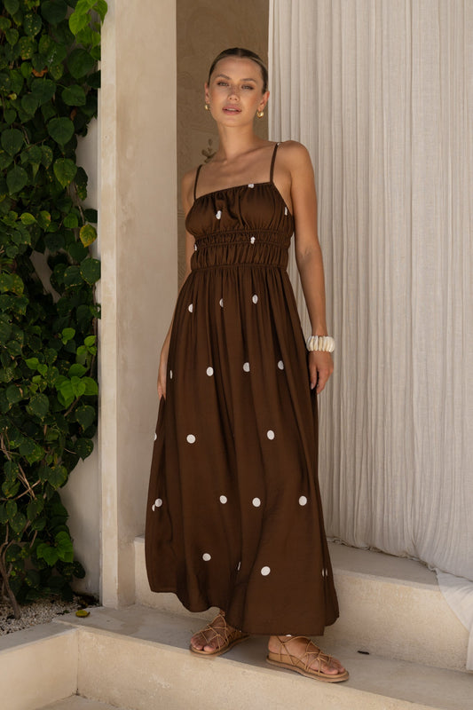 Image of Dresses. Productname: Zeni Brown White Polka Dot Ruched Bodice Maxi Dress in White colour by brand - HEYCHIC