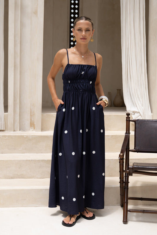 Image of Dresses. Productname: HEYCHIC Lina Navy Blue White Polka Dot Ruched Bodice Maxi Dress in Blue colour by brand - HEYCHIC