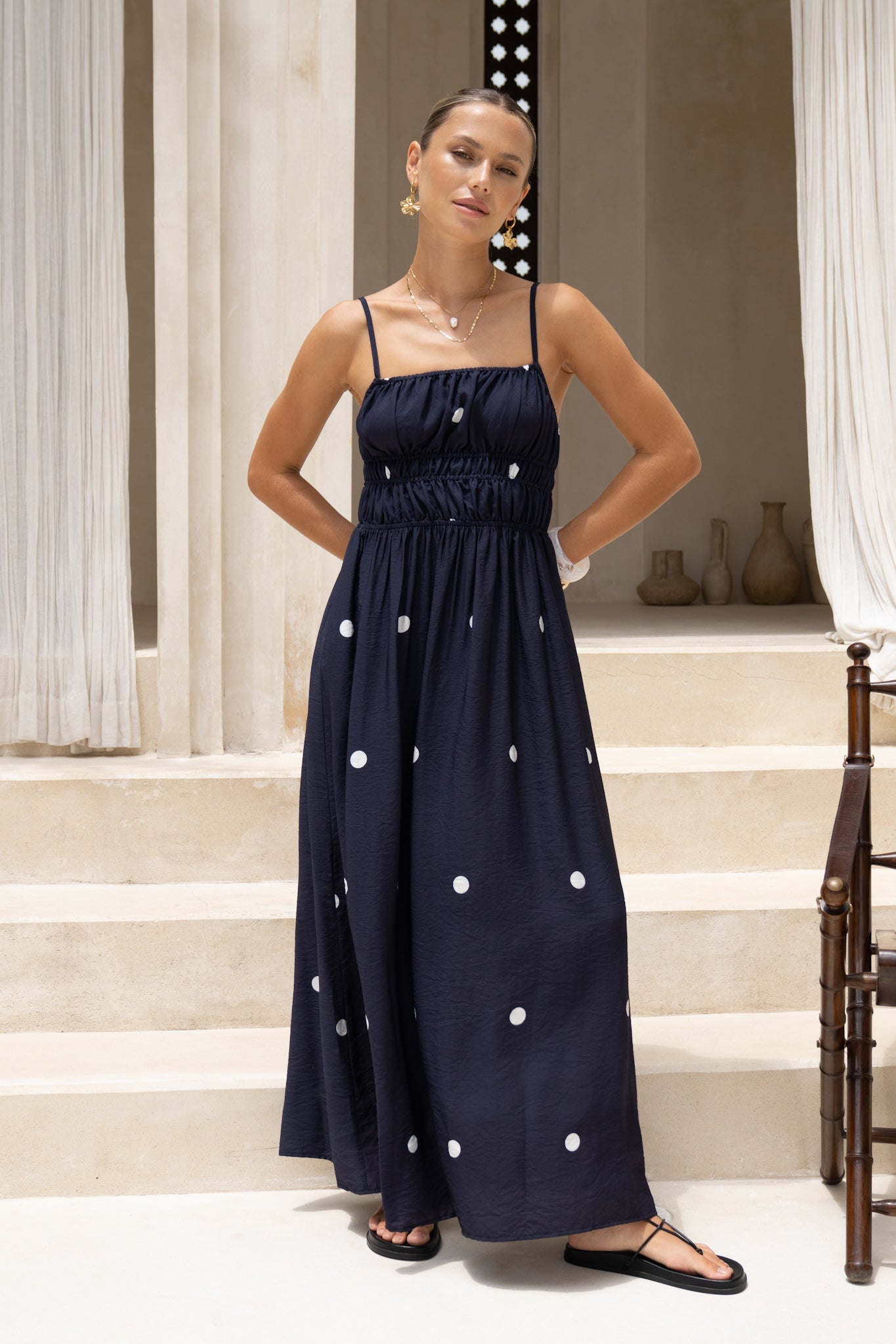 HEYCHIC Lina Navy White Polka Dot Ruched Bodice Maxi Dress (Blue)
