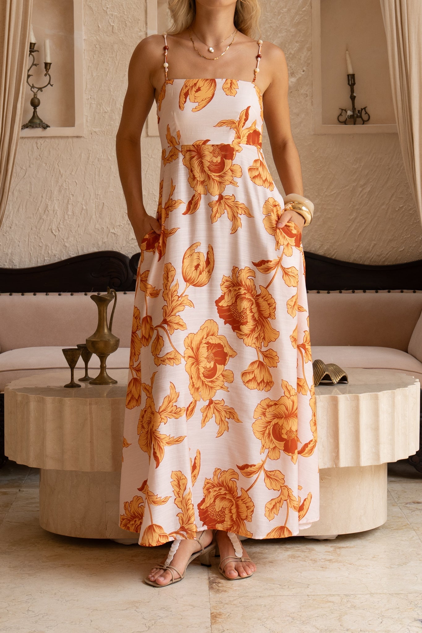 HEYCHIC Reya Orange Beaded Flared Maxi Dress (Floral)