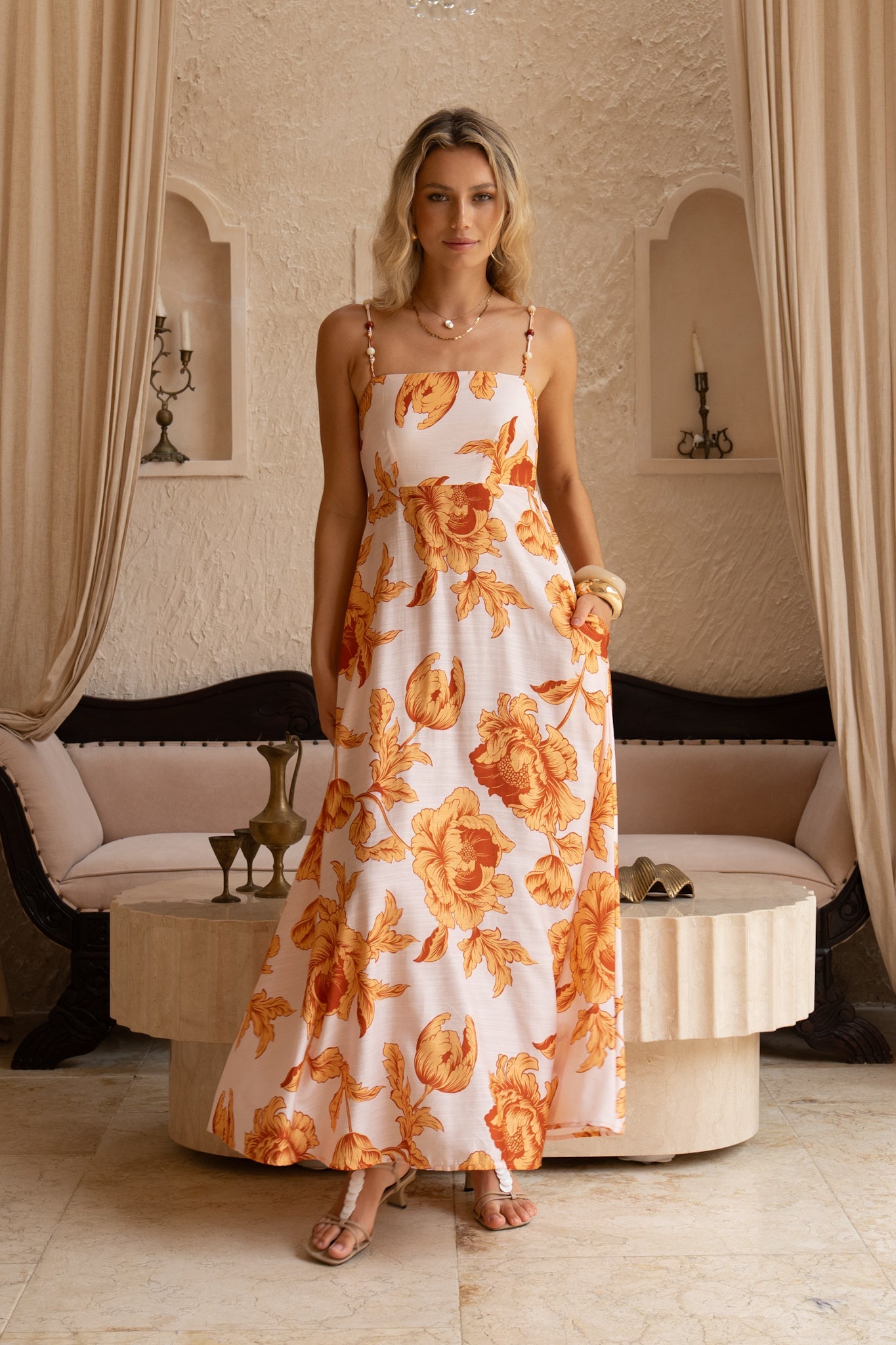 HEYCHIC Reya Orange Beaded Flared Maxi Dress (Floral)