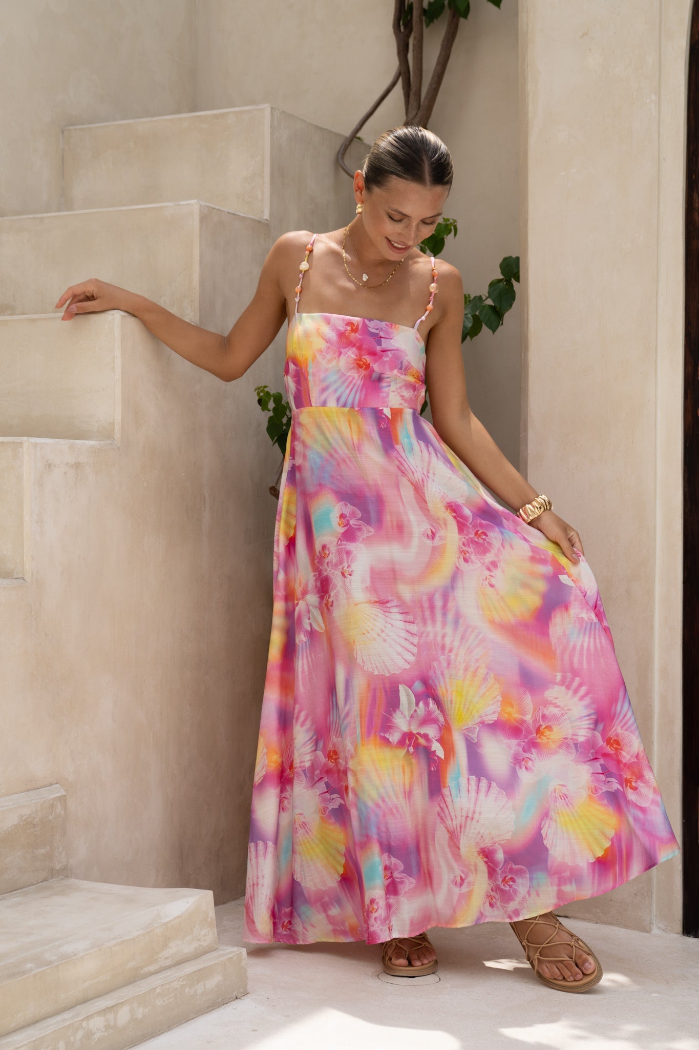 HEYCHIC Cirella Multicolour Abstract Beaded Flared Maxi Dress (Multi)