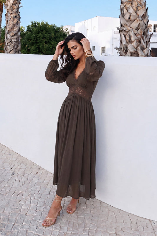 Image of Dresses. Product name - Brienna Brown Maxi Dress in Brown colour by brand - HEYCHIC