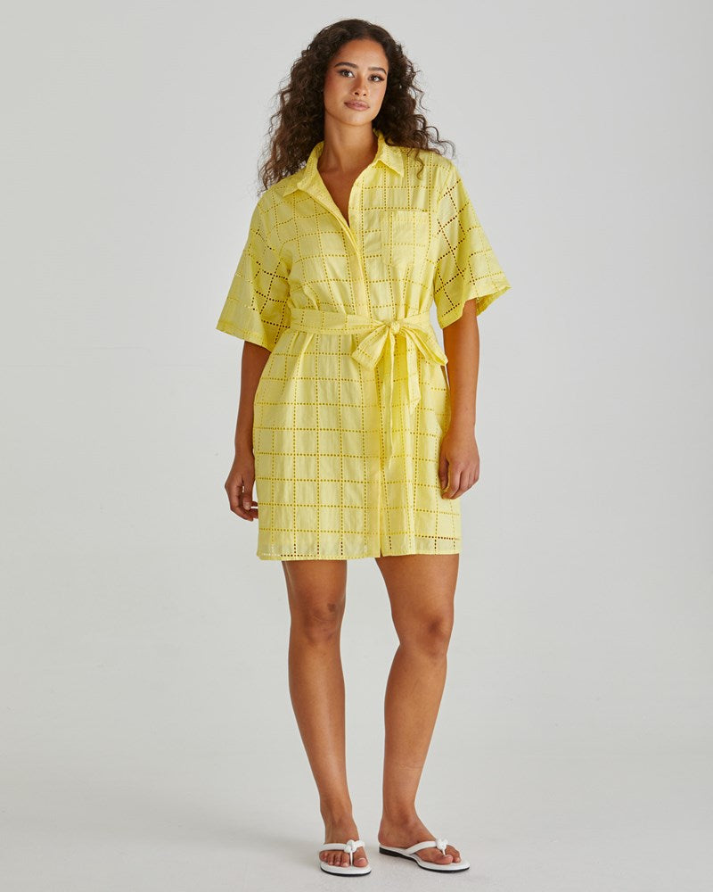 Image of Dresses. Product name - Helmi Broderie Shirt Dress Yellow in Yellow colour by brand - Sass Clothing