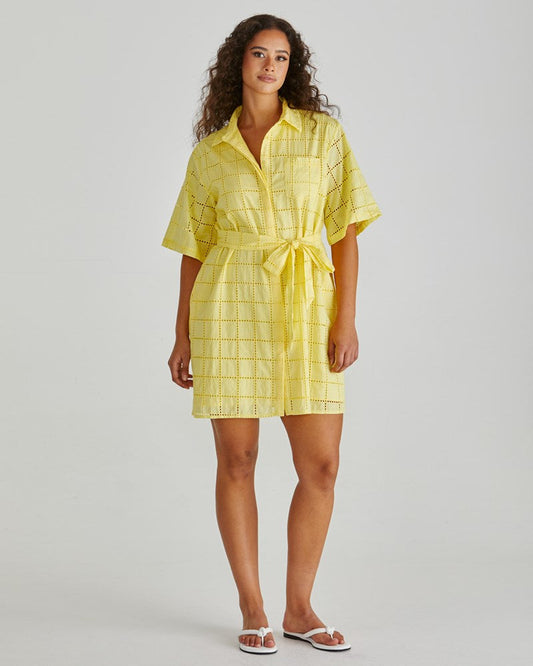 Image of Dresses. Product name - Helmi Broderie Shirt Dress Yellow in Yellow colour by brand - Sass Clothing
