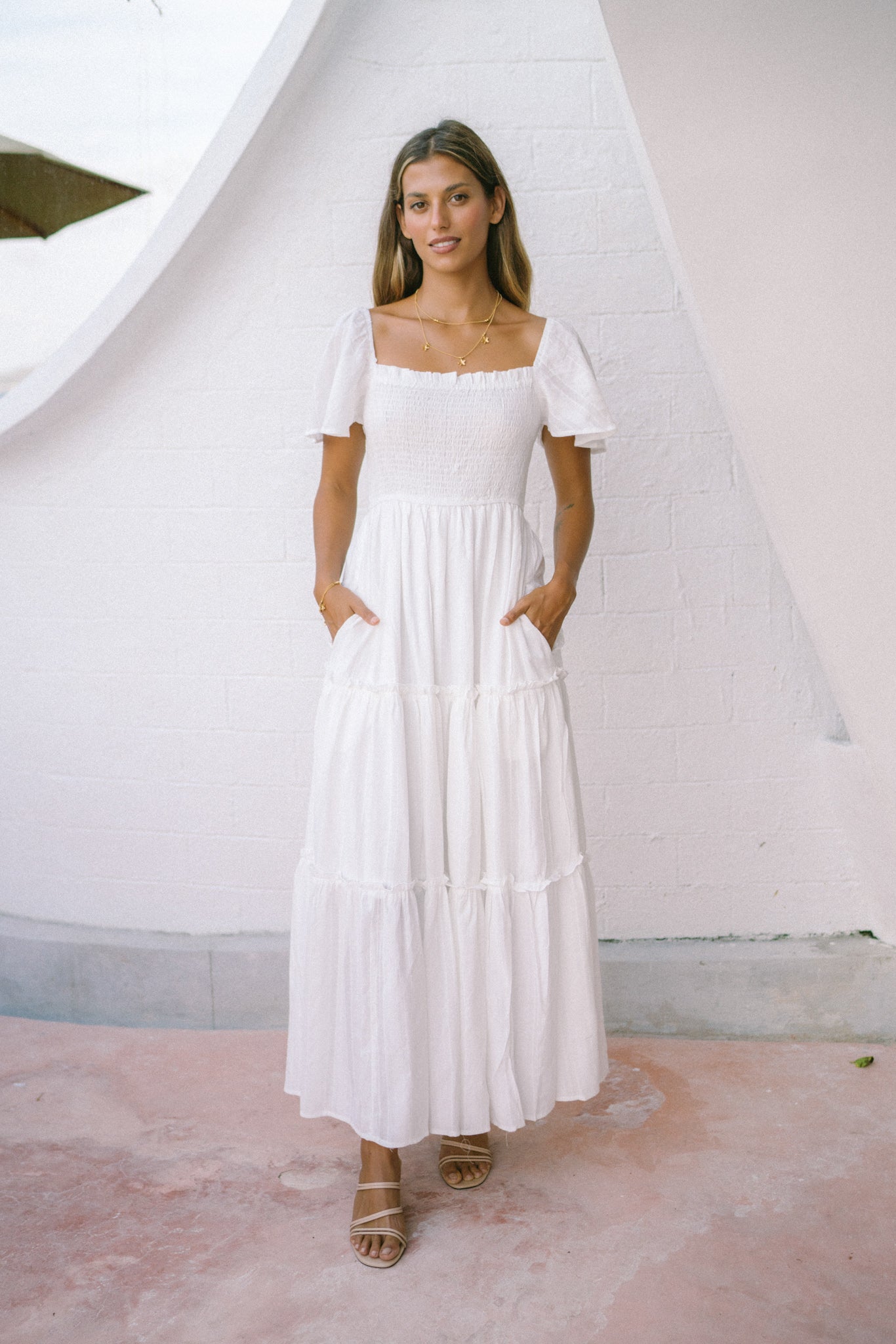 Heychic Eleyna Stripe Tiered Maxi Dress (White)