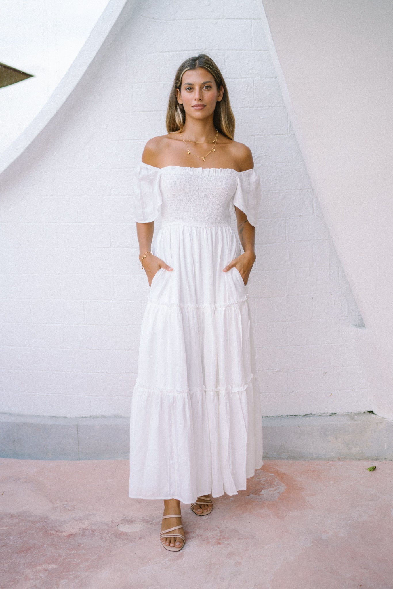 Heychic Eleyna Stripe Tiered Maxi Dress (White)