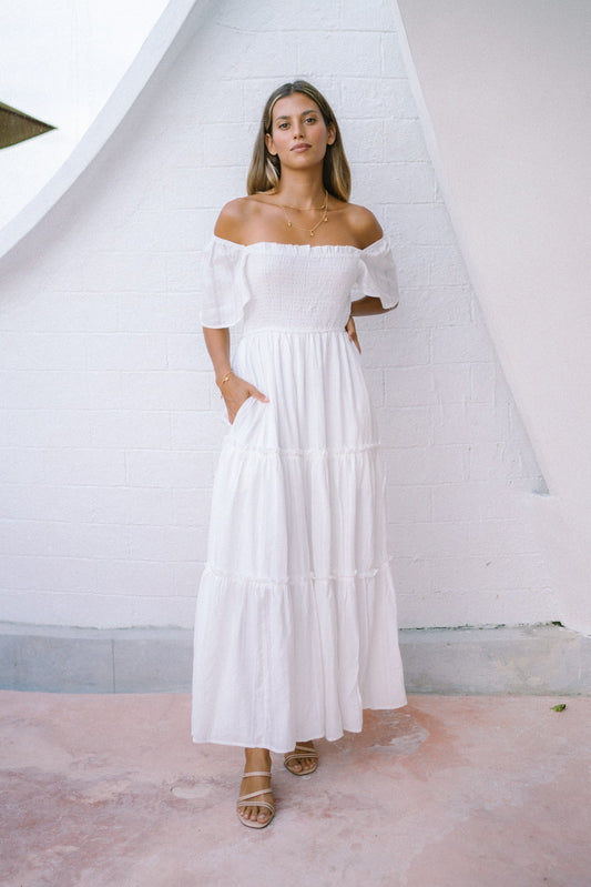 Image of Dresses. Productname: Heychic Eleyna White Stripe Tiered Maxi Dress in White colour by brand - Heychic