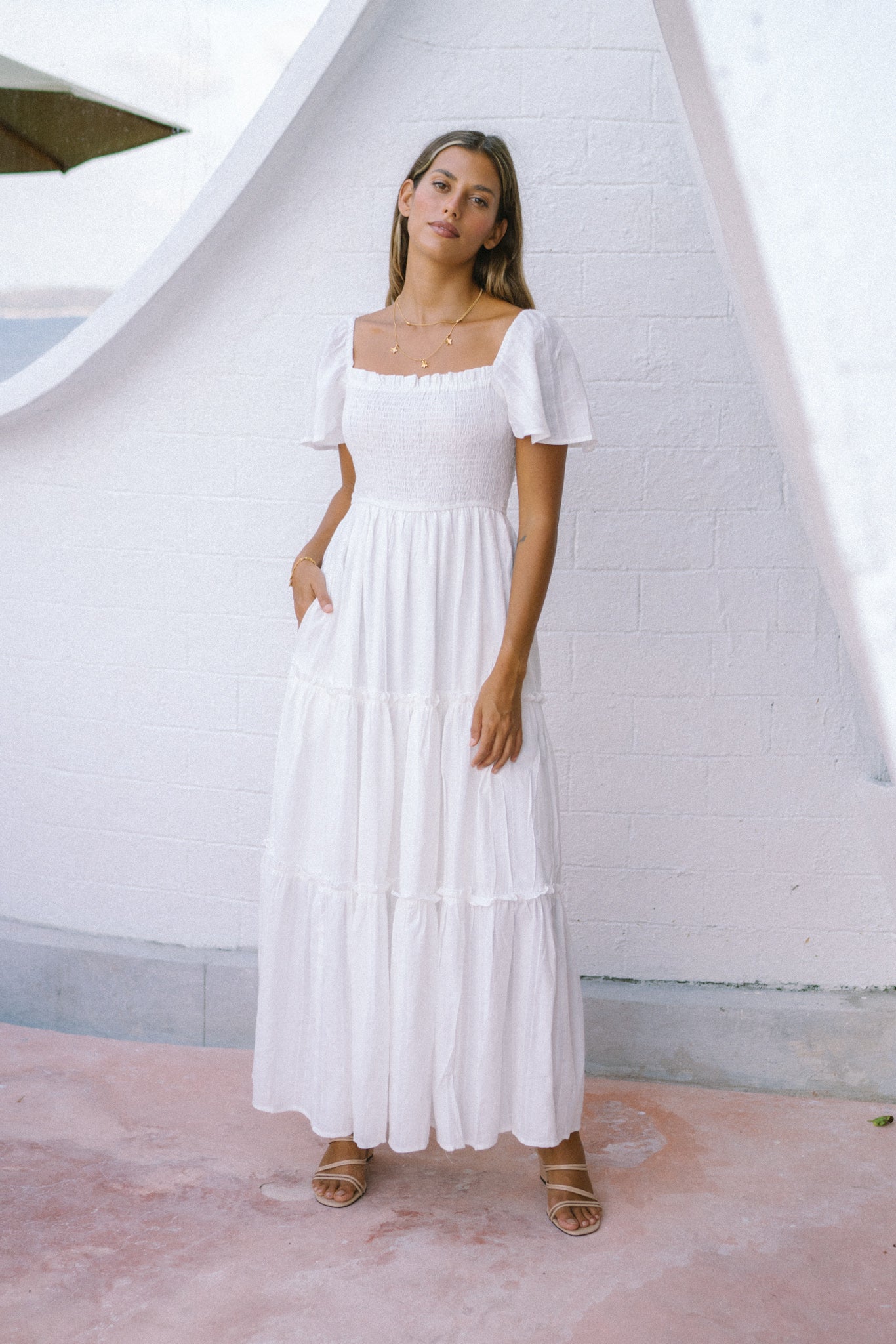 Heychic Eleyna Stripe Tiered Maxi Dress (White)