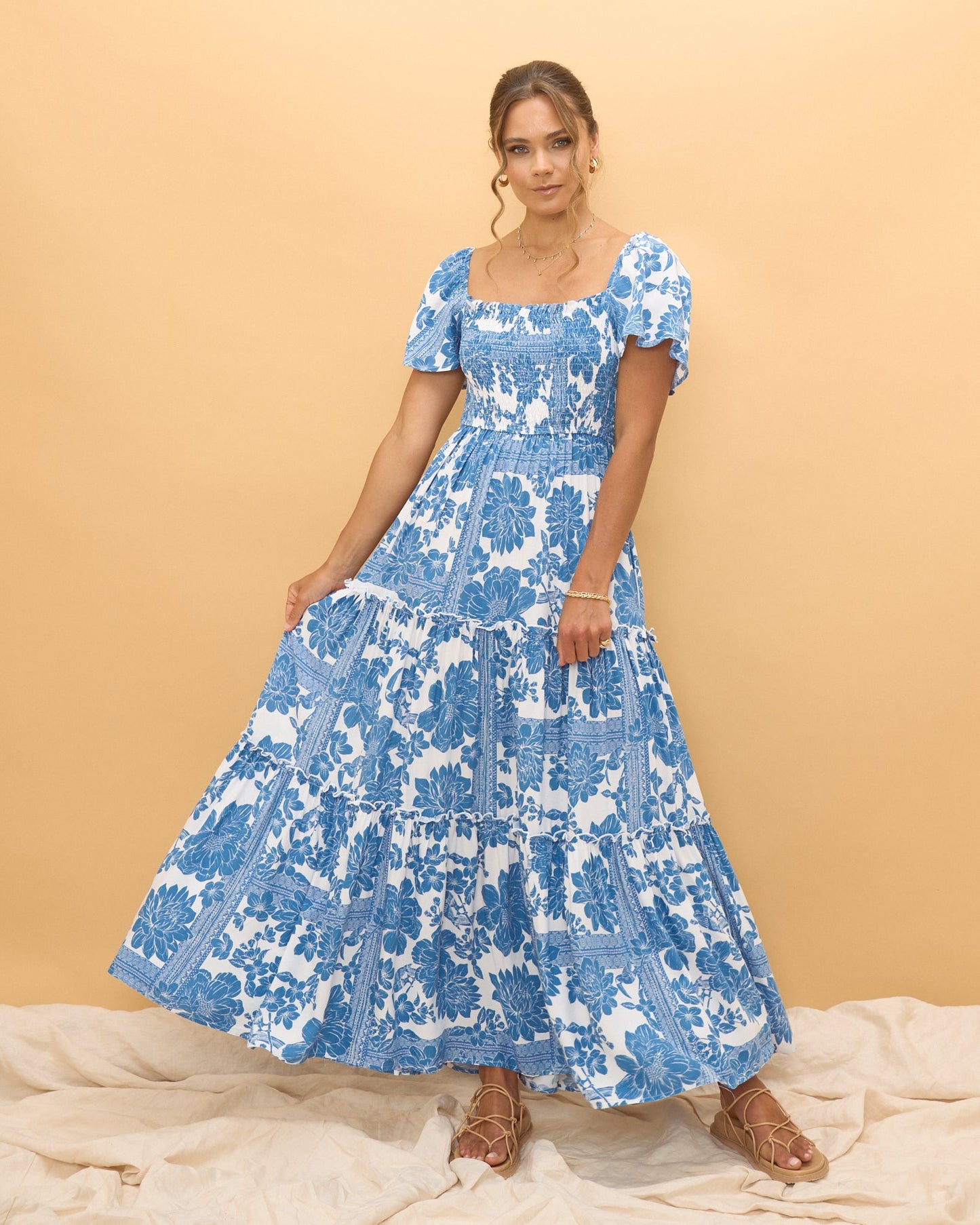 Heychic Tatiana Floral Boho Tiered Maxi Dress (Blue)