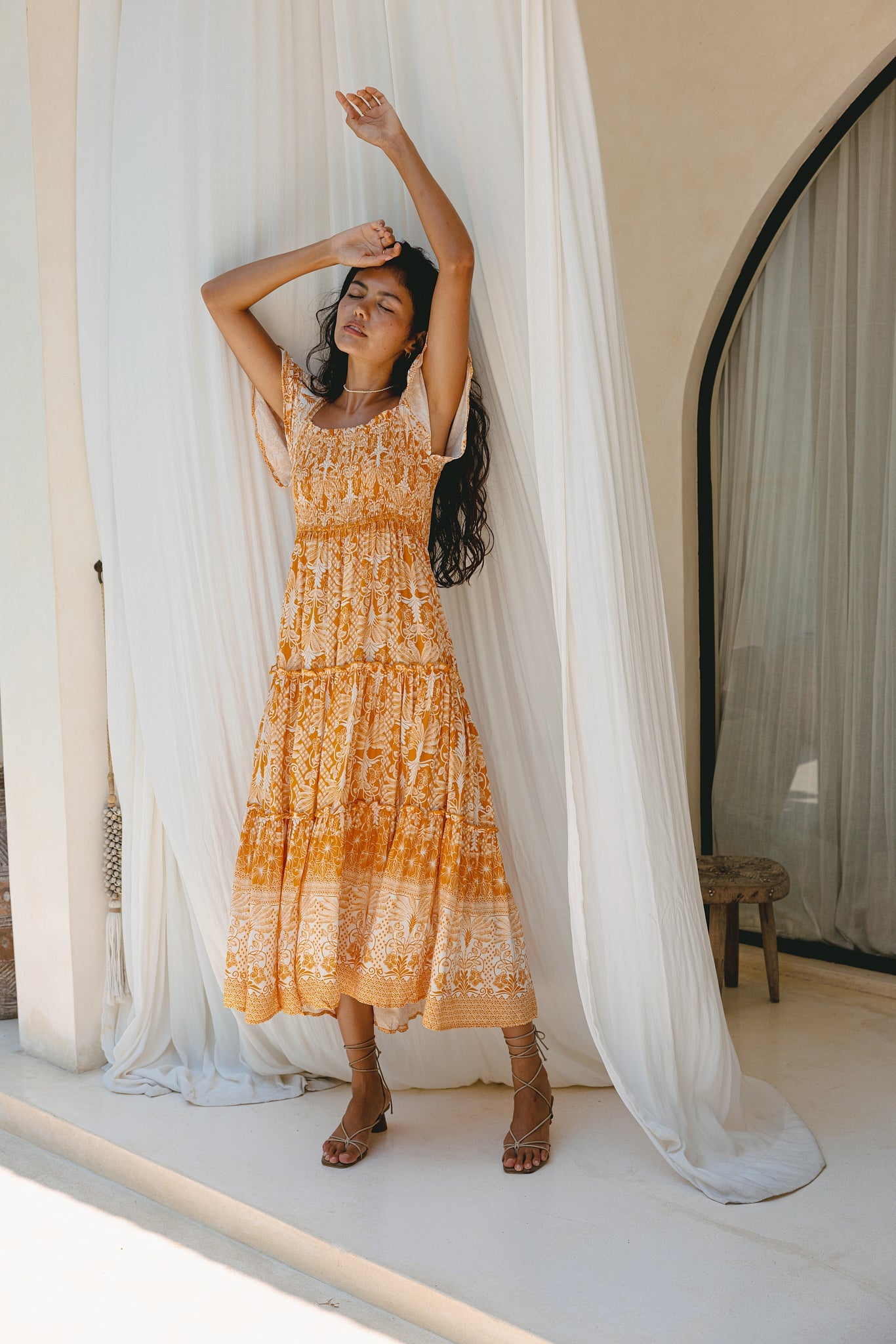 Heychic Marigold Yellow Boho Tiered Midi Dress (Orange)