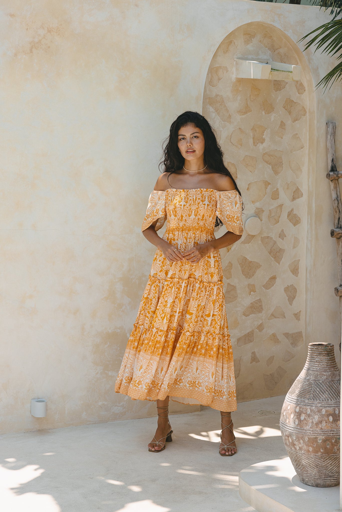 Heychic Marigold Yellow Boho Tiered Midi Dress (Orange)