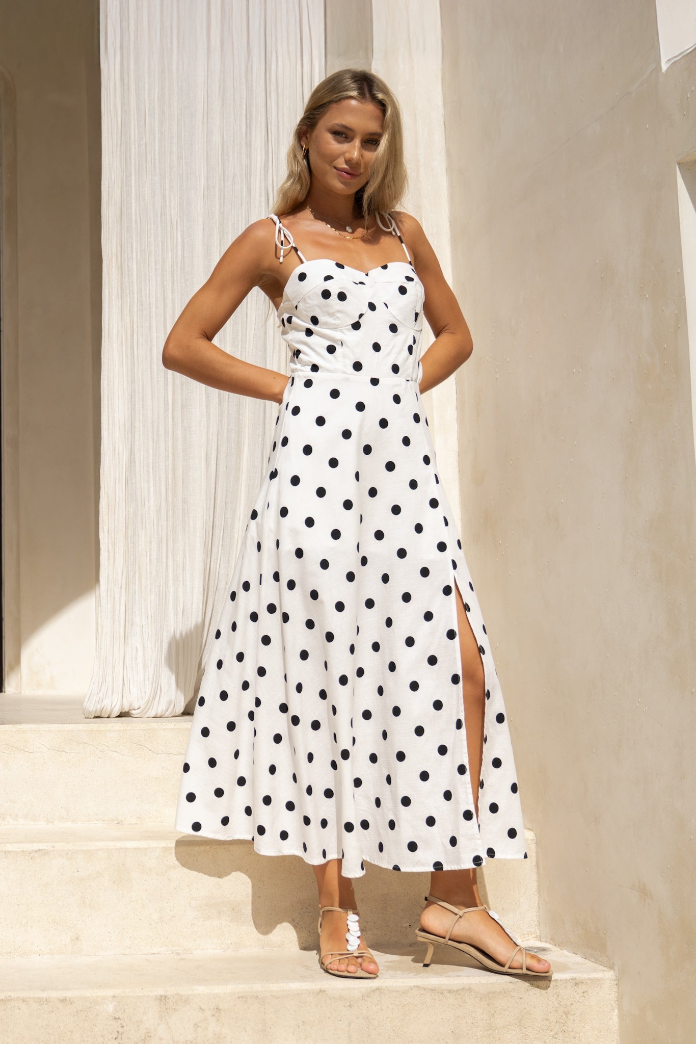 HEYCHIC Noella White Polka Dot Midi Dress (Black)