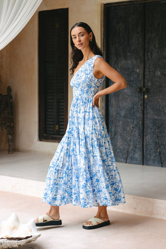 Heychic Oceanna Floral One Shoulder Midi Dress (Blue)