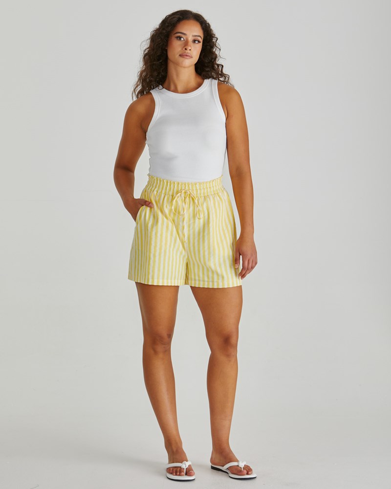 Image of a model wearing Shorts. Product name - Zane Short Yellow White Stripe in Yellow White Stripe colour by brand - Sass Clothing