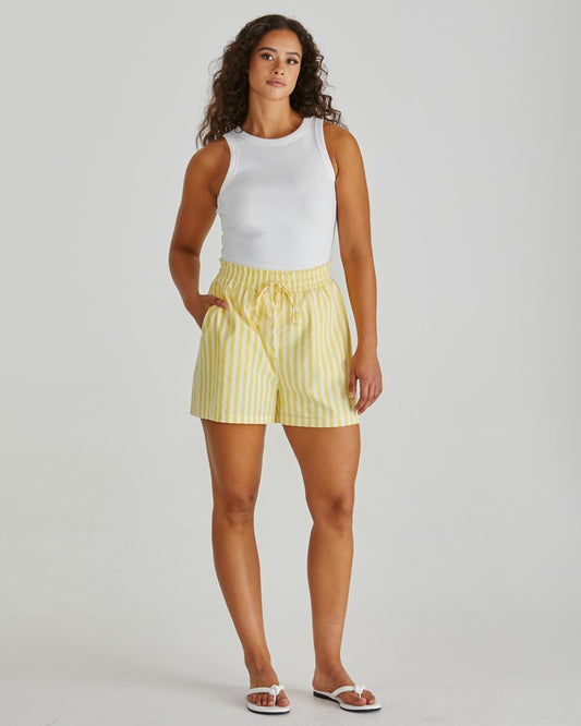 Image of a model wearing Shorts. Product name - Zane Short Yellow White Stripe in Yellow White Stripe colour by brand - Sass Clothing