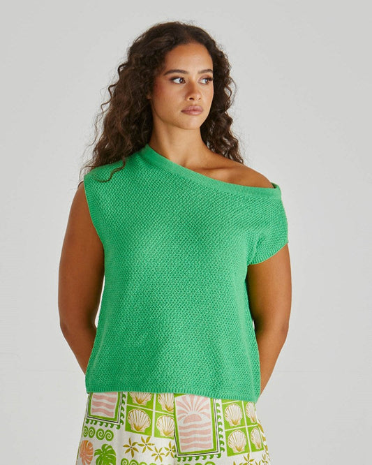 Image of a model wearing Tops. Product name - Jaci Knit Top Green in Green colour by brand - Sass Clothing