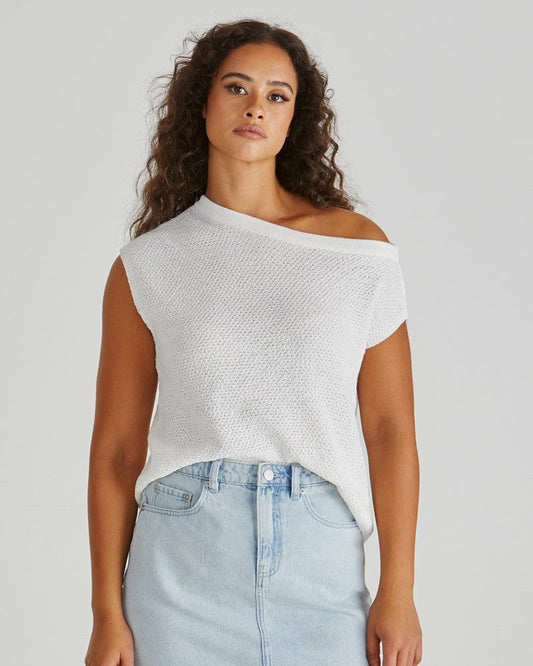 Image of a model wearing Tops. Product name - Jaci Knit Top White in White colour by brand - Sass Clothing