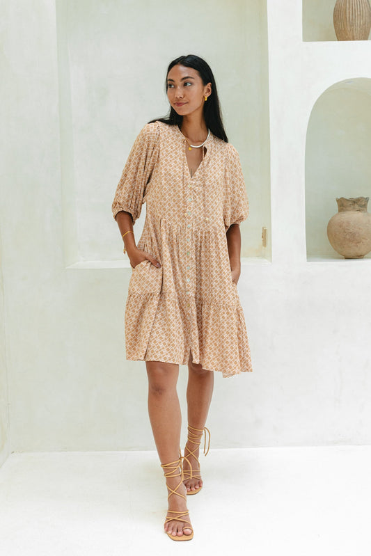 Image of Dresses. Productname: Cyra Beige Geo Button Down Mini Dress in Beige colour by brand - Heychic