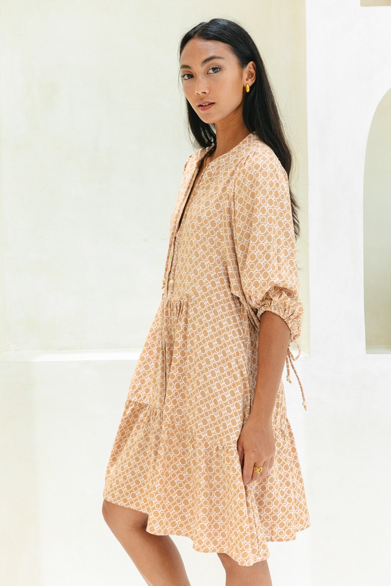 Heychic Cyra Geo Button Down Mini Dress (Beige)
