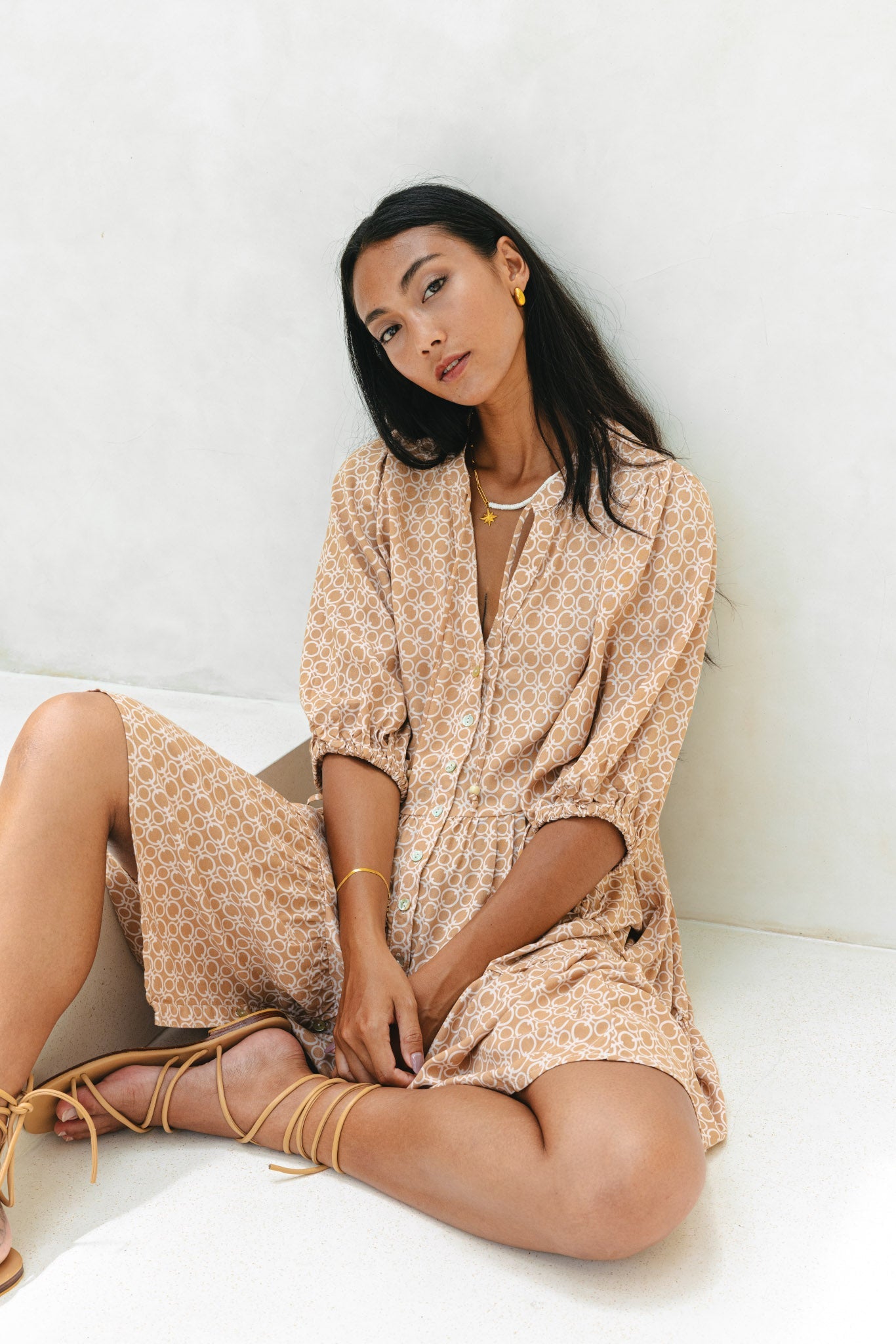 Heychic Cyra Geo Button Down Mini Dress (Beige)
