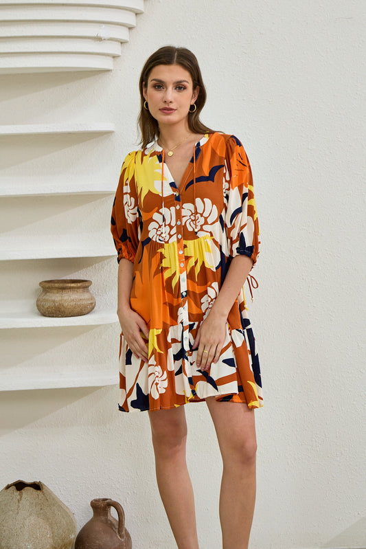 Image of Dresses. Productname: Heychic Esmeralda Abstract Button Down Mini Dress in Orange colour by brand - Heychic